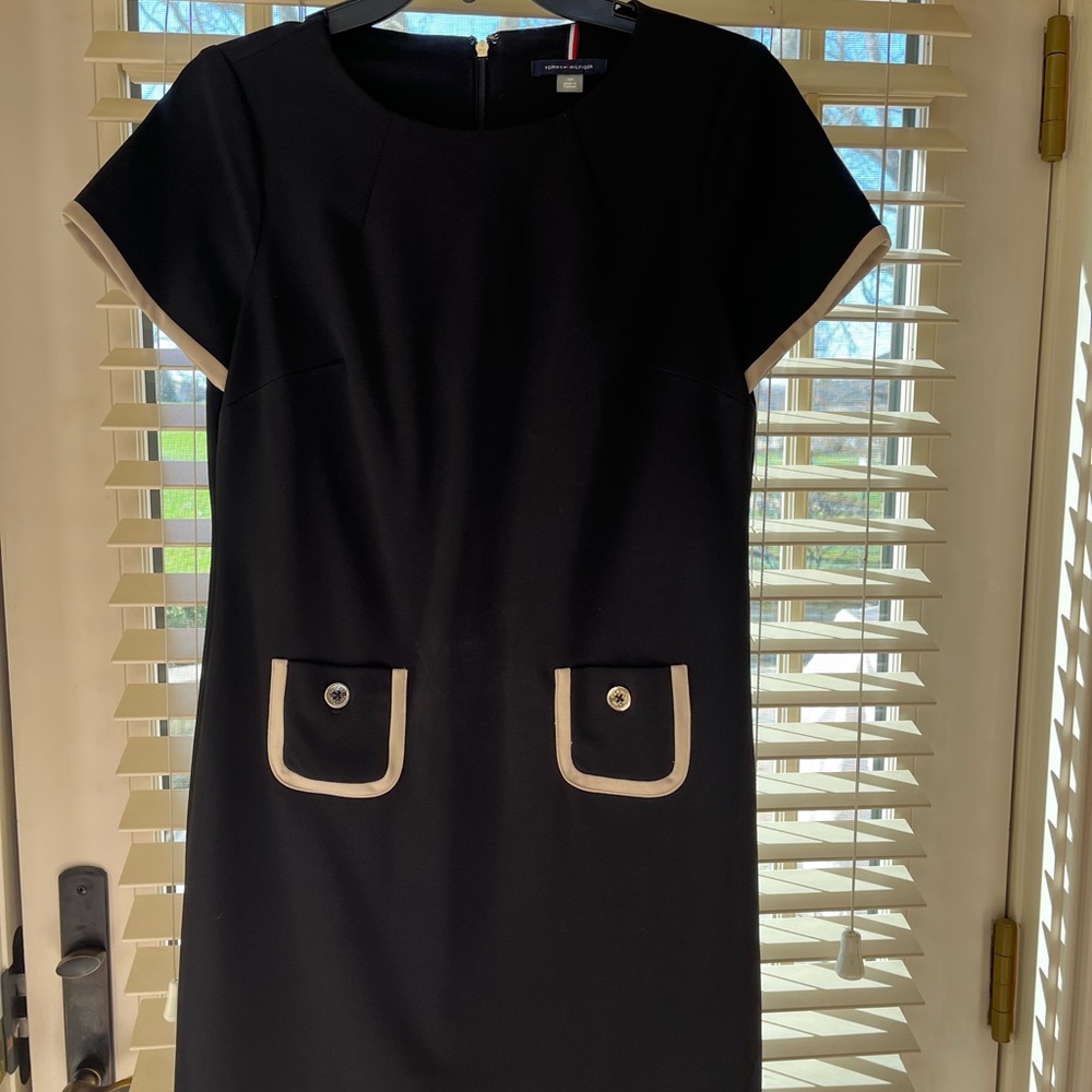 Classic Tommy Hilfiger black dress with tan trim on sleeve and pocket, 10P